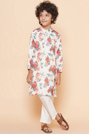 Boy's White Floral Printed Silk Kurta Set