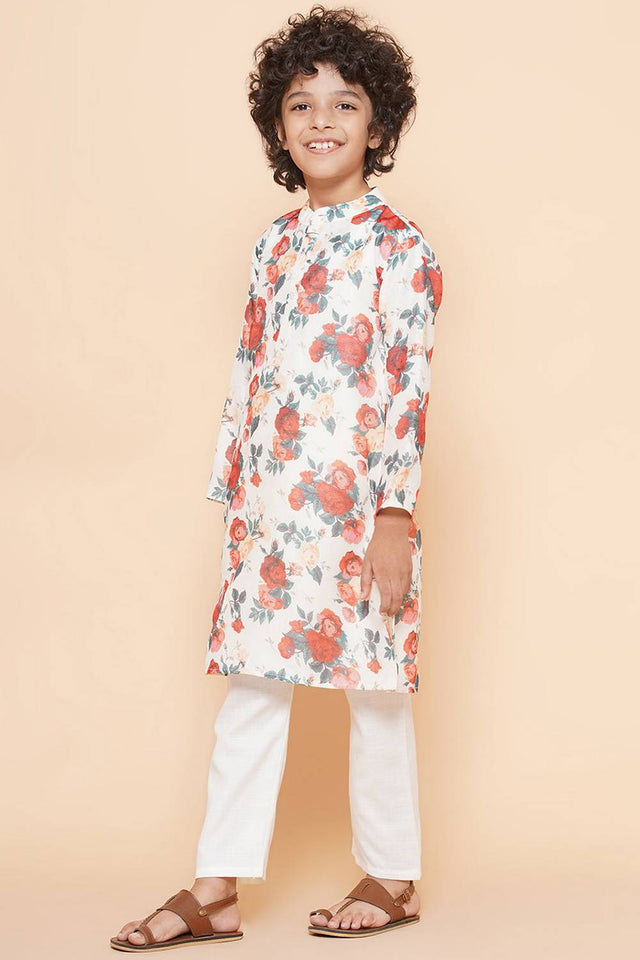 Boy's White Floral Printed Silk Kurta Set