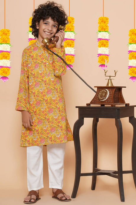 Boy's Mustard Floral Printed Cotton Kurta Set