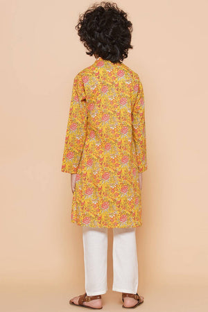 Boy's Mustard Floral Printed Cotton Kurta Set