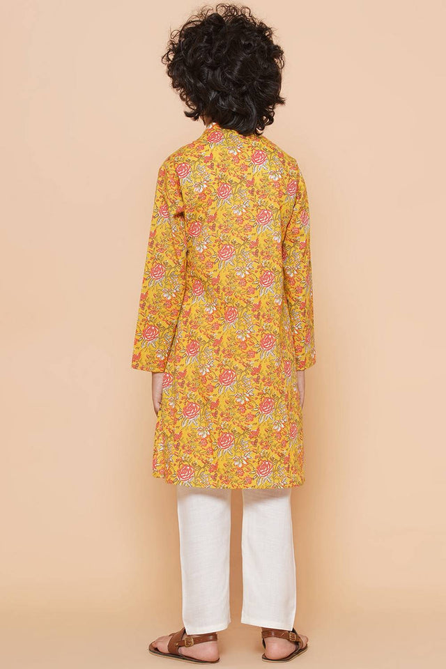 Boy's Mustard Floral Printed Cotton Kurta Set