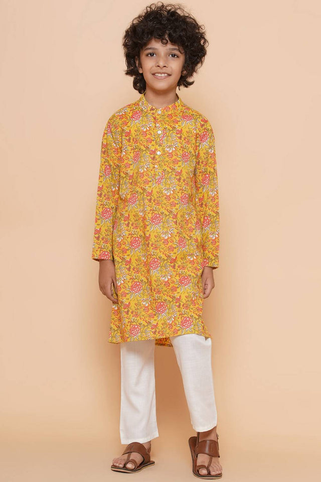 Boy's Mustard Floral Printed Cotton Kurta Set