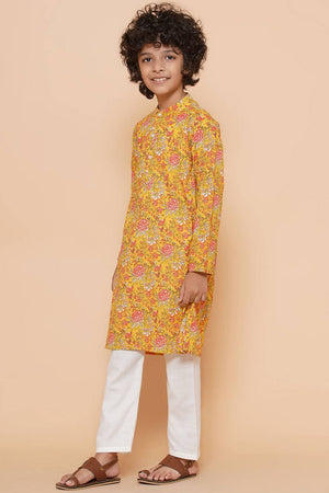 Boy's Mustard Floral Printed Cotton Kurta Set
