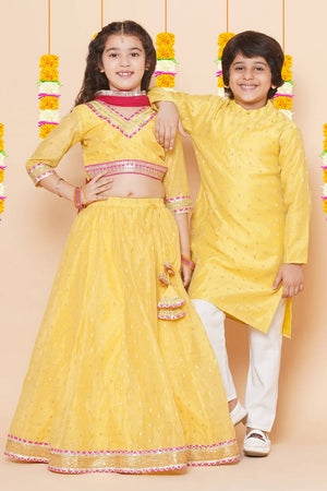 Boy's Yellow Woven Silk Kurta Set