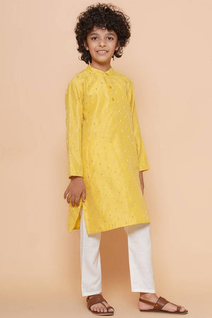 Boy's Yellow Woven Silk Kurta Set