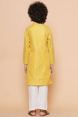 Boy's Yellow Woven Silk Kurta Set