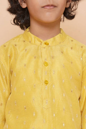 Boy's Yellow Woven Silk Kurta Set