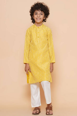 Boy's Yellow Woven Silk Kurta Set