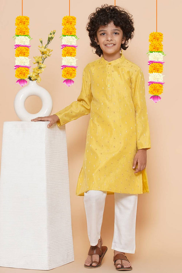 Boy's Yellow Woven Silk Kurta Set