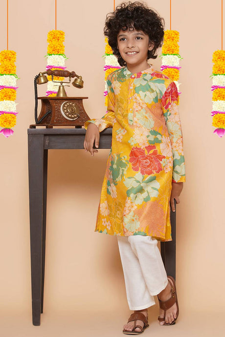 Boy's Yellow Floral Printed Silk Kurta Set