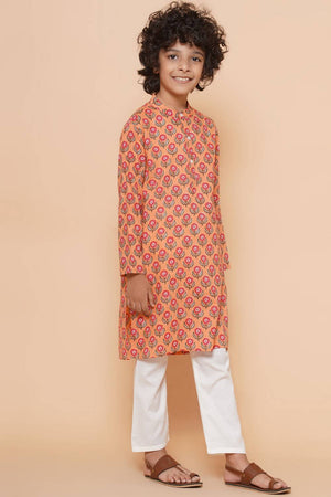 Boy's Peach Floral Printed Cotton Kurta Set