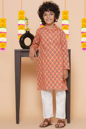 Boy's Peach Floral Printed Cotton Kurta Set
