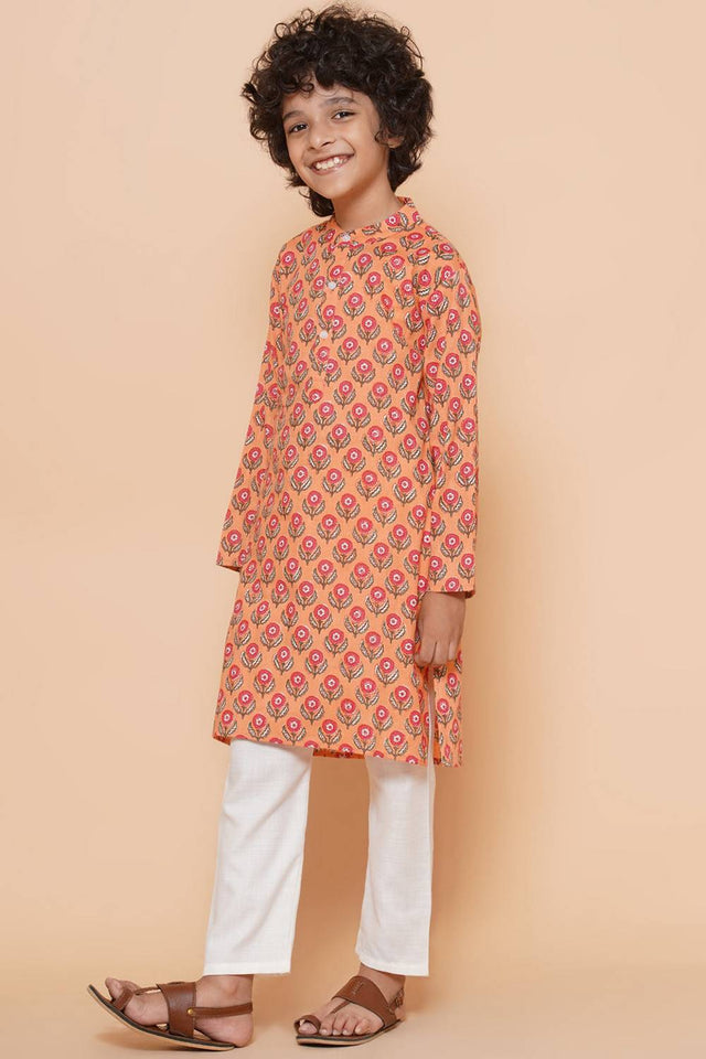 Boy's Peach Floral Printed Cotton Kurta Set