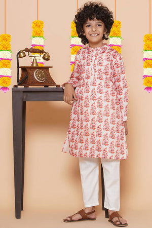 Boy's White Floral Printed Silk Kurta Set