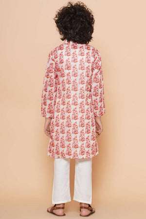 Boy's White Floral Printed Silk Kurta Set