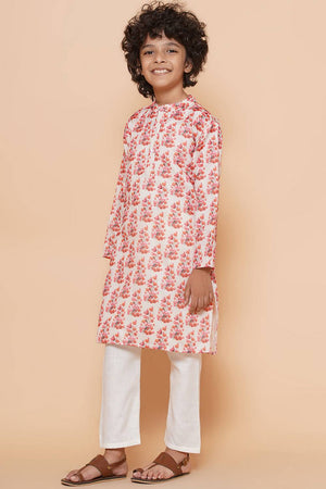 Boy's White Floral Printed Silk Kurta Set