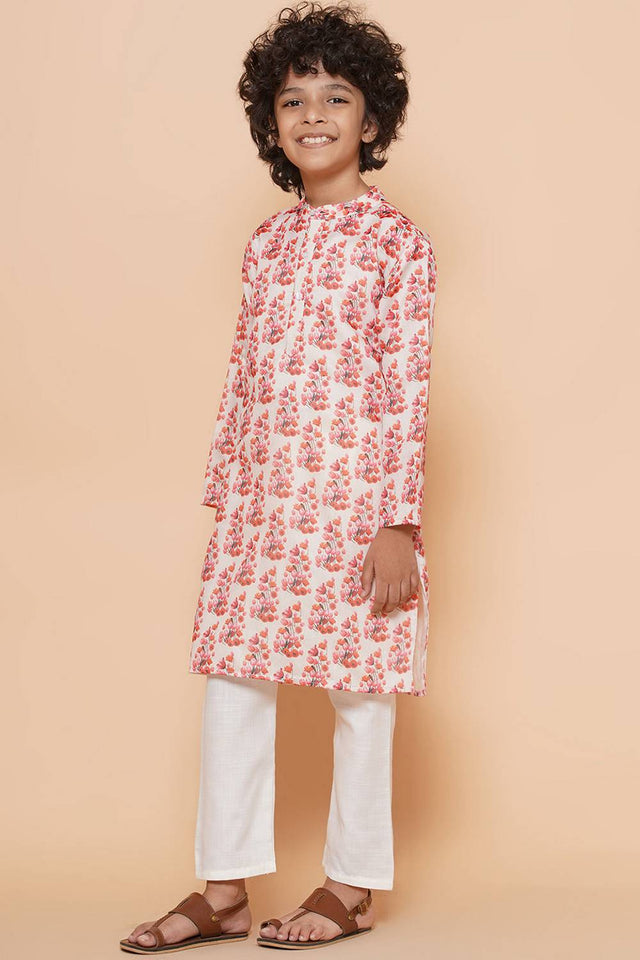 Boy's White Floral Printed Silk Kurta Set