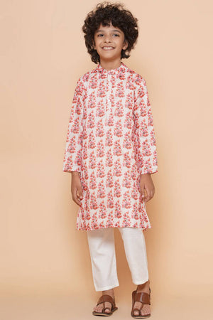 Boy's White Floral Printed Silk Kurta Set