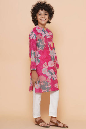 Boy's Pink Floral Printed Silk Kurta Set