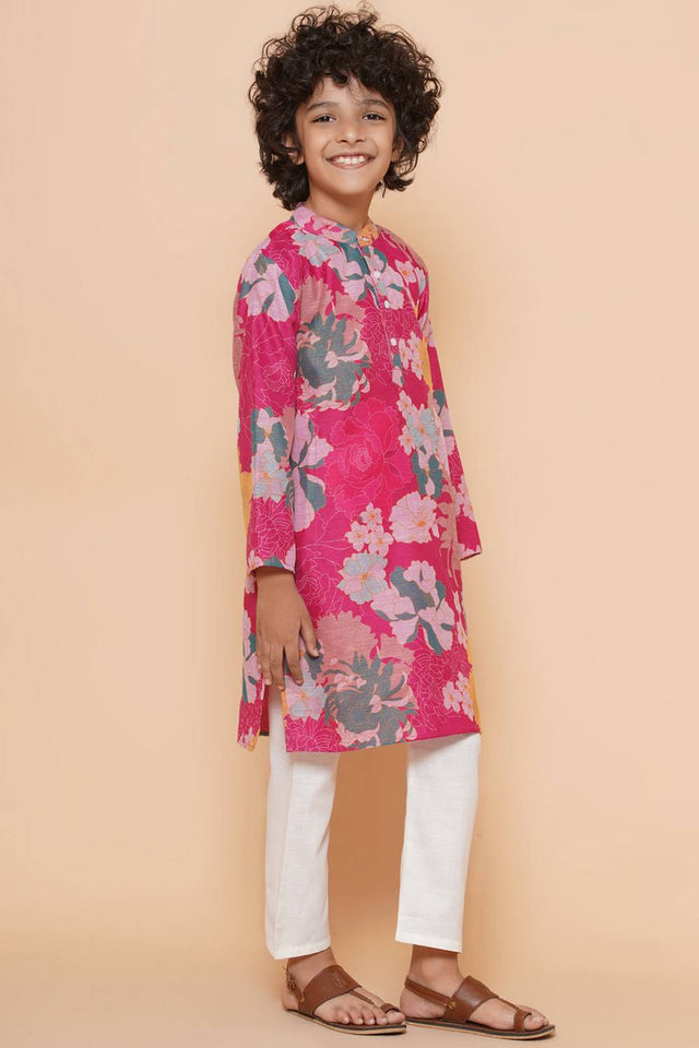Boy's Pink Floral Printed Silk Kurta Set