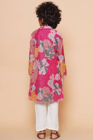 Boy's Pink Floral Printed Silk Kurta Set