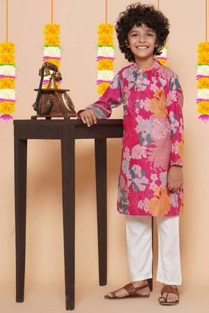 Boy's Pink Floral Printed Silk Kurta Set