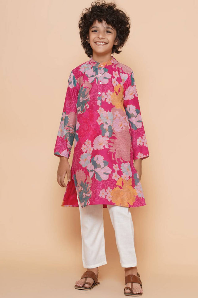 Boy's Pink Floral Printed Silk Kurta Set
