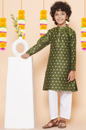 Boy's Green Woven Silk Kurta Set