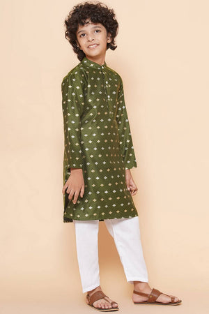 Boy's Green Woven Silk Kurta Set