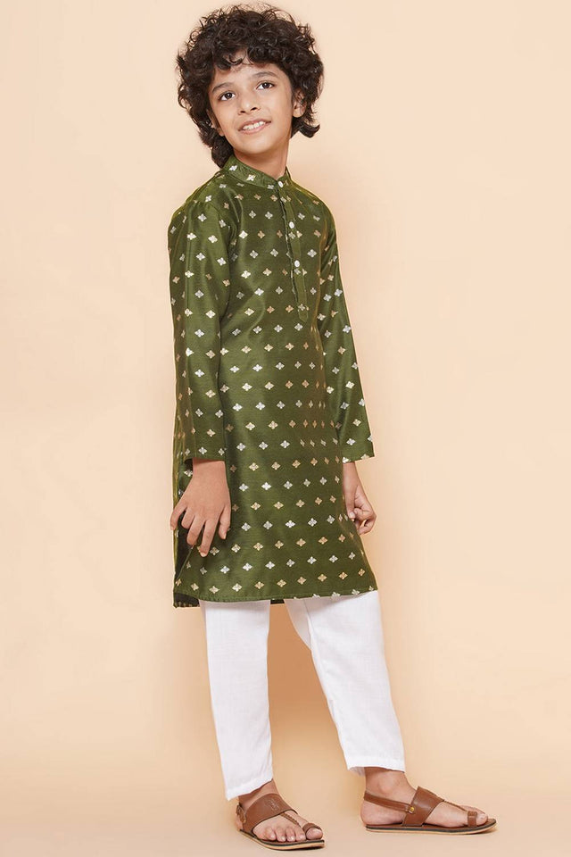 Boy's Green Woven Silk Kurta Set