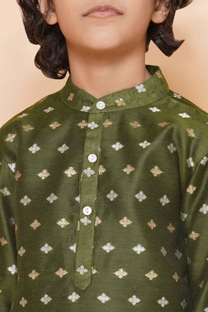 Boy's Green Woven Silk Kurta Set