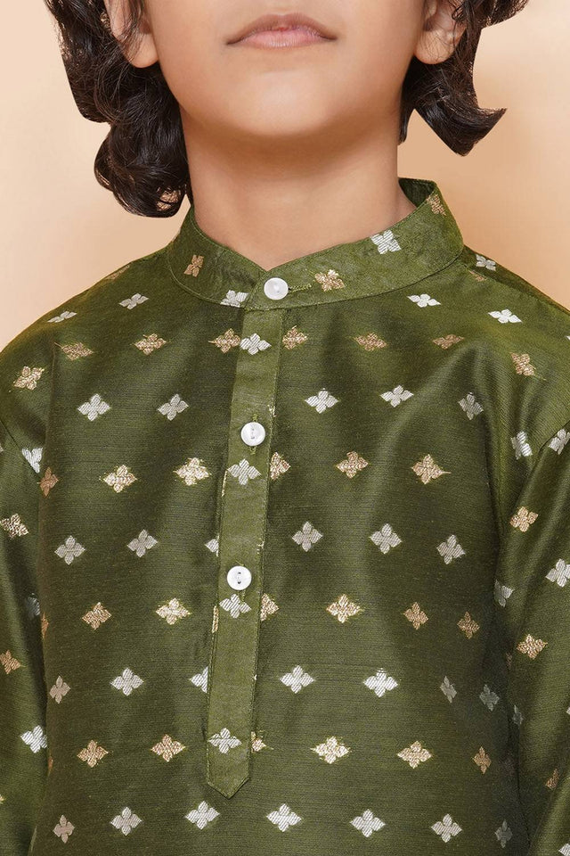 Boy's Green Woven Silk Kurta Set
