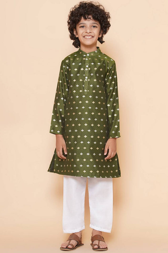 Boy's Green Woven Silk Kurta Set