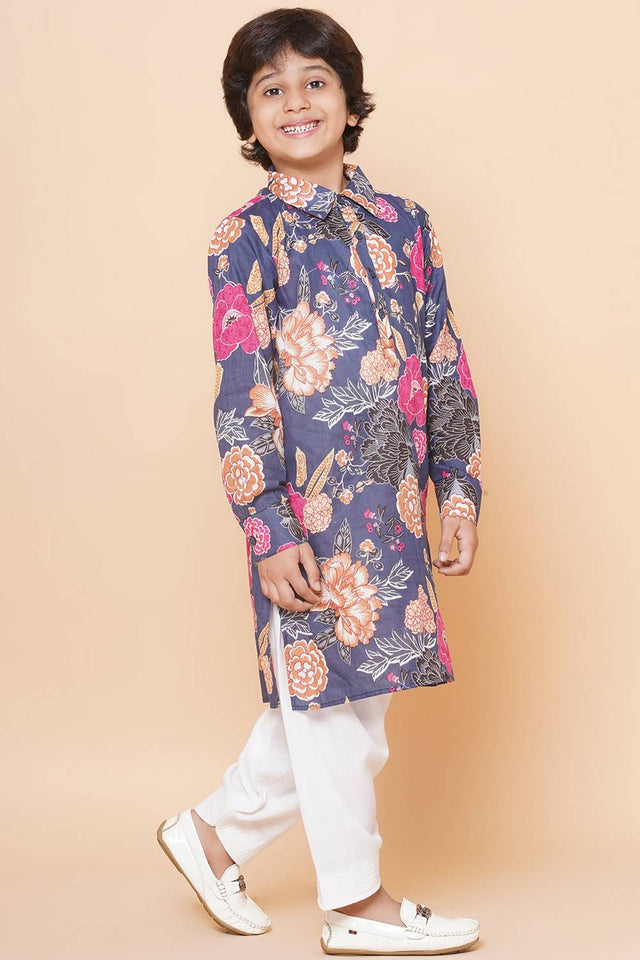 Girl's Grey Floral Printed Cotton Kurta Set