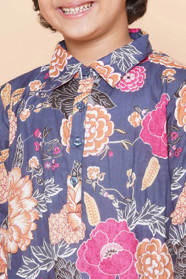 Girl's Grey Floral Printed Cotton Kurta Set