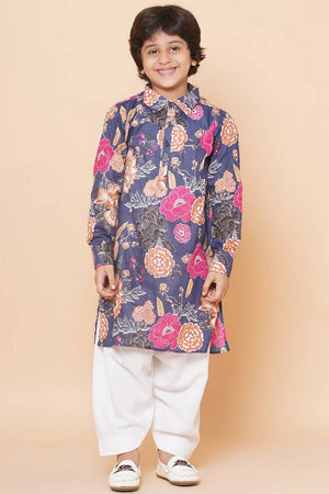 Girl's Grey Floral Printed Cotton Kurta Set