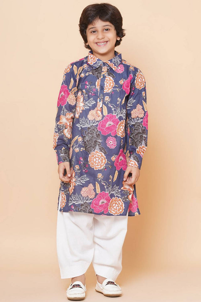 Girl's Grey Floral Printed Cotton Kurta Set