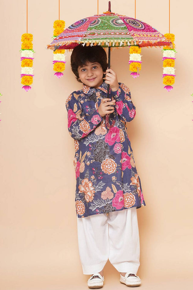 Girl's Grey Floral Printed Cotton Kurta Set