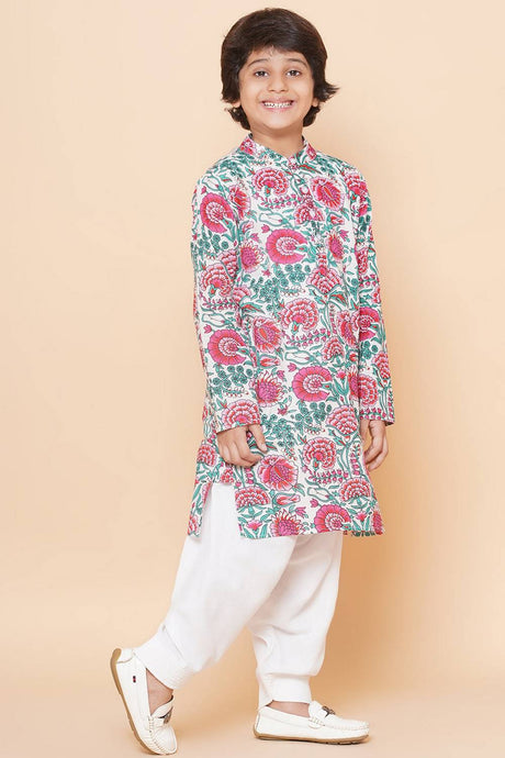 Girl's White Floral Printed Cotton Kurta Set