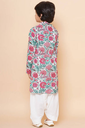 Girl's White Floral Printed Cotton Kurta Set