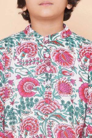 Girl's White Floral Printed Cotton Kurta Set