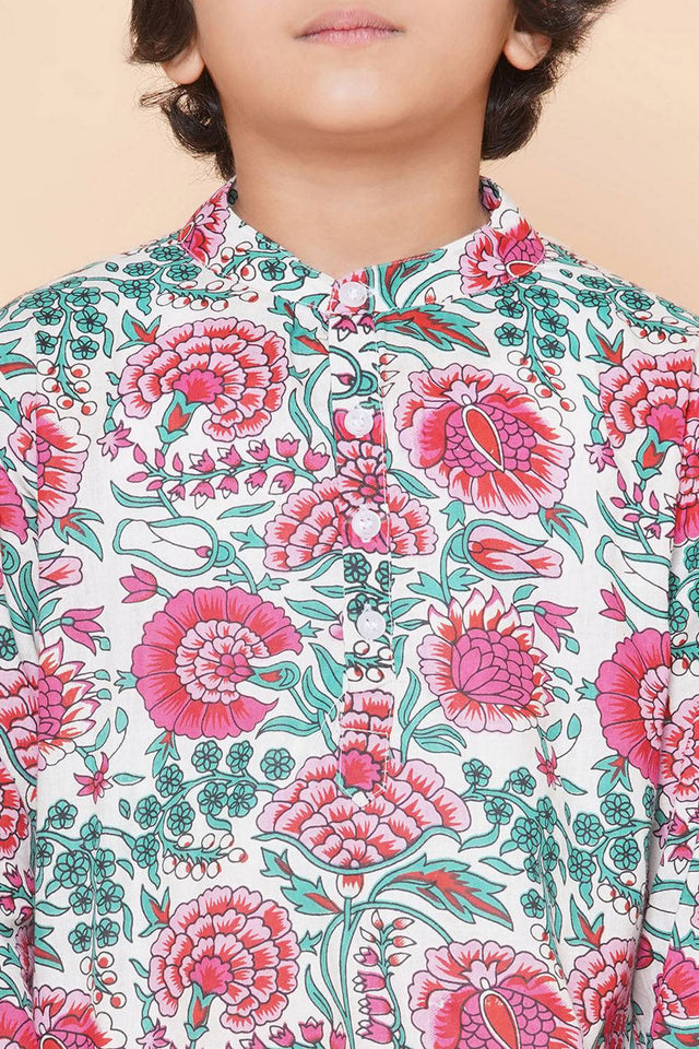 Girl's White Floral Printed Cotton Kurta Set
