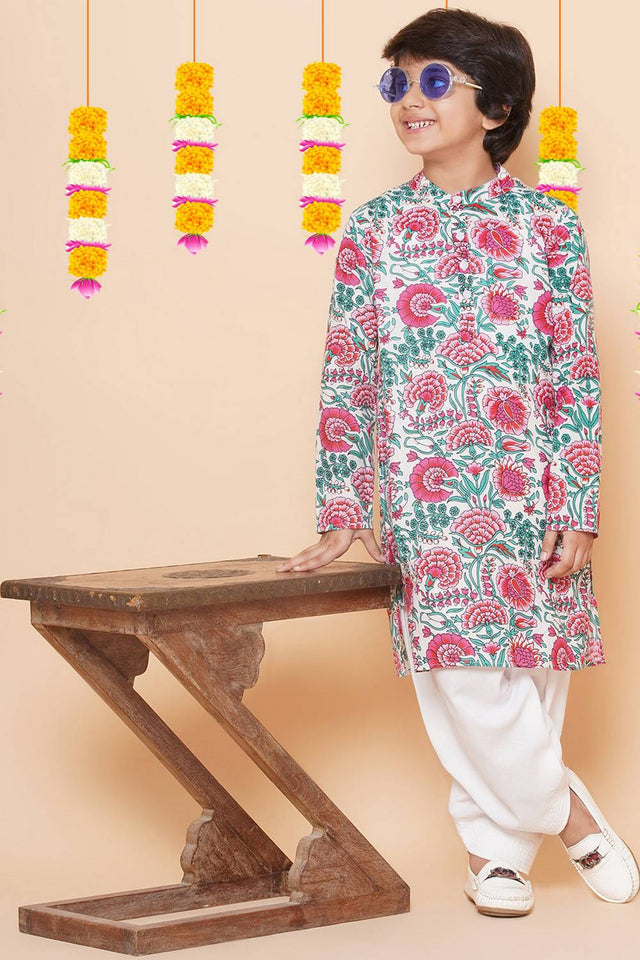 Girl's White Floral Printed Cotton Kurta Set