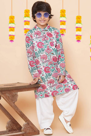 Girl's White Floral Printed Cotton Kurta Set