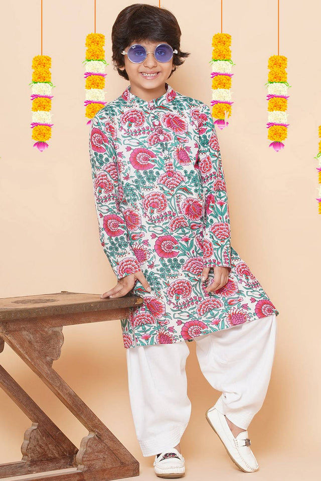 Girl's White Floral Printed Cotton Kurta Set