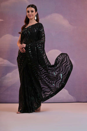 Black Georgette Mirror Sequin Saree (N2ZDARIYOGREENBLACK)