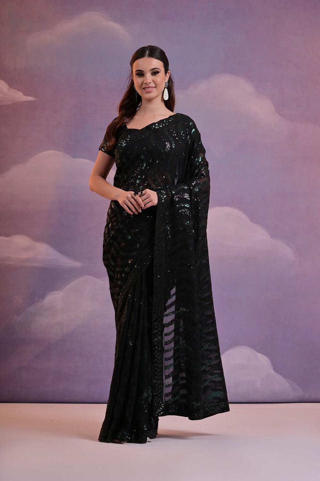 Black Georgette Mirror Sequin Saree (N2ZDARIYOGREENBLACK)