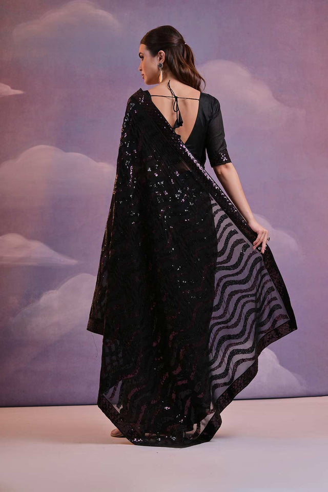 Black Georgette Mirror Sequin Saree (N2ZDARIYOWINEBLACK)