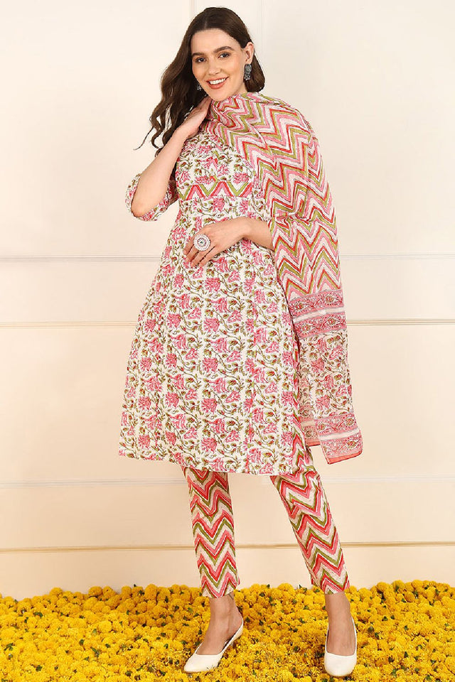 Pink Cotton Floral Printed Straight Cut Suit Set