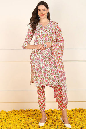 Pink Cotton Floral Printed Straight Cut Suit Set